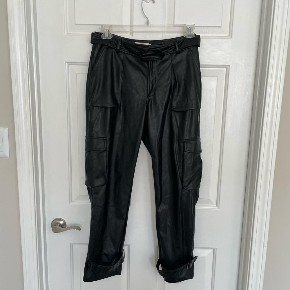 Choosy Black Faux Leather Bridget Belted High Rise Cargo Style Moto Pant…